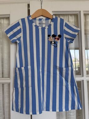 Mini Rodini Blue and White Vertical Stripe Dress